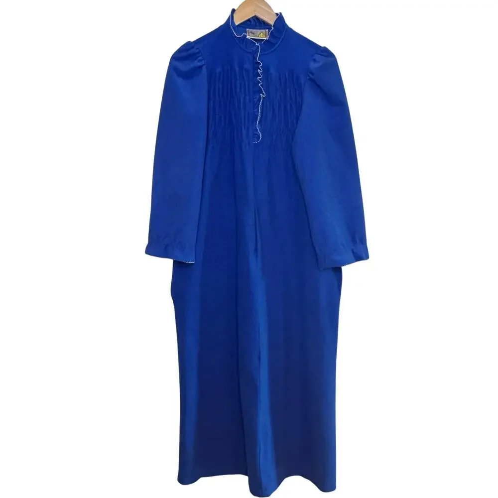 Vtg Beekman Place Blue Half Zip White Trimmed Smocked Robe House Coat Mumu - Picture 1 of 5